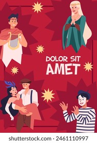 Actores de teatro. Afiche publicitario del Vector que representa a los actores en trajes de escenario sobre un fondo rojo. Ilustración plana para invitaciones de actuación dramáticas con espacio de texto.