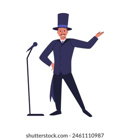 Theater artist man in elegant suit and cylinder hat with microphone vector flat illustration. Stand-up comedy show. Magic performer illusionist. Cartoon talent show entertainment isolated on white