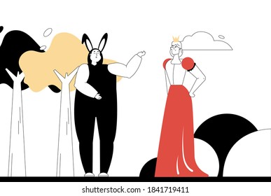 Theater artists play on stage in Children fantasy performance. Actor plays rabbit, actress in role queen listens to his line. Vector character linear illustration of cultural event, entertainment show