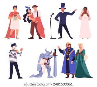 Theater artists vector flat illustrations set. Cartoon knight, king and queen stage, French comedian show, magic illusionist, lovers and Greek prince. Theater talent performances isolated on white