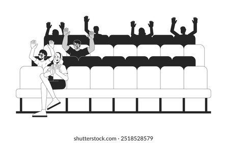 Theater audience clapping on seats black and white 2D line characters. Applause ovation. Excited viewers. Chairs spectators diverse isolated vector outline people. Monochromatic spot illustration