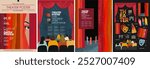 Theater, audience and stage. Vector modern illustration of red theater curtains, actors, mask, spectators, performance, stand up for poster, invitation, flyer or background