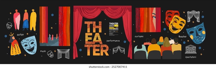 Theater, audience and stage. Vector modern illustration of red theater curtains, actors, mask, spectators, performance, stand up for poster, invitation, flyer or background