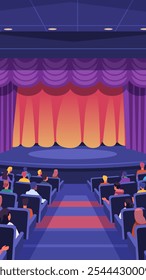 Theater audience watching stage performance vibrant colors seating purple curtains modern design template