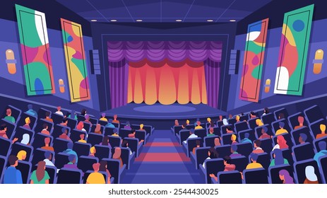 Teatro público assistindo palco desempenho cores vibrantes pessoas sentado arte abstrata decoração cinema salão design interior