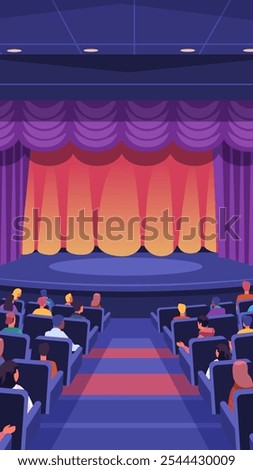 Theater audience watching stage performance vibrant colors seating purple curtains modern design template