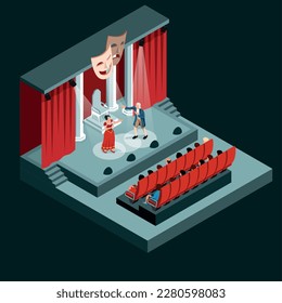 Theater auditorium with the audience and artists on stage isolated object at black background isometric vector illustration