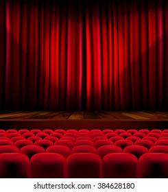 Theater auditorium with rows of red seats and stage with curtain - vector illustration