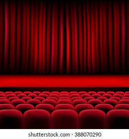 Theater auditorium with rows of red seats and stage with curtain - vector illustration