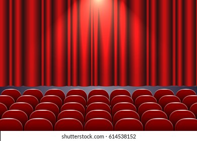 Theater auditorium with rows of red seats and stage with curtain - vector illustration