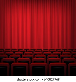 Theater background with red curtains and chairs. Vector illustration.