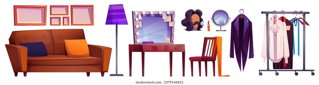 Theater backstage design elements isolated on white background. Vector cartoon illustration of dressing room furniture, makeup mirror, show costumes on rack, male wig and moustache on mannequin head