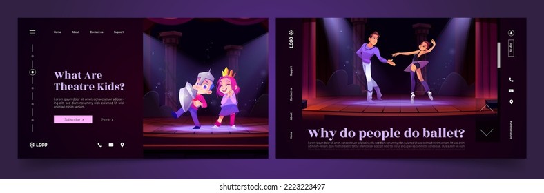 Juego de plantillas de la página de inicio del teatro y club de ballet. Dibujo vectorial de dibujos animados de niños felices con disfraces que interpretan juegos y bailes de bailes con compañeros en el escenario. Diseño del sitio web de la escuela de arte dramático