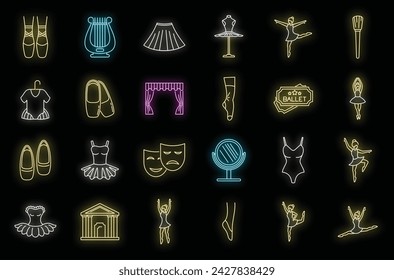 Theater ballet icons set. Outline set of theater ballet vector icons neon color on black