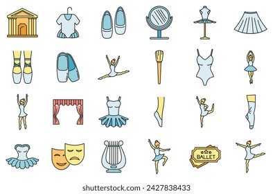 Theater ballet icons set. Outline set of theater ballet vector icons thin line color flat on white