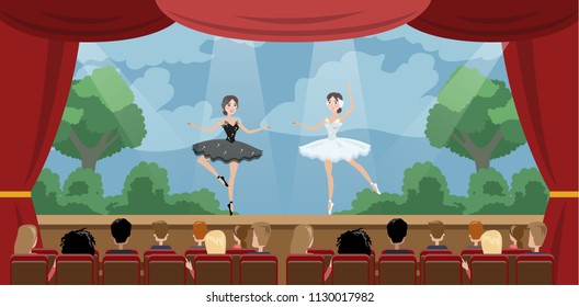 Theater ballet perfomance. Two actresses dancing in front of audience. Red curtains and decorations on the background. Vector flat illustration