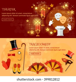 Theater banner performance elements ancient columns theater masks play tragicomedy 