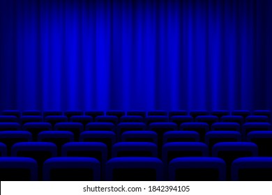 Theater with blue curtains and seats background. Empty cinema auditorium vector illustration. Film or show presentation or performance event. Watching entertainment scene.