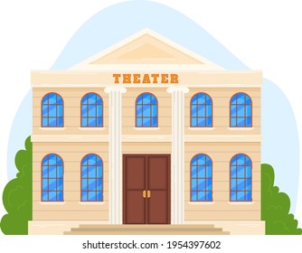 Theater building, architecture exterior, cinema entertainment, isolated on white, classic event, flat style vector illustration.