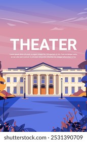 Theater building with classical architecture front view colorful landscape and sky background main subject concept