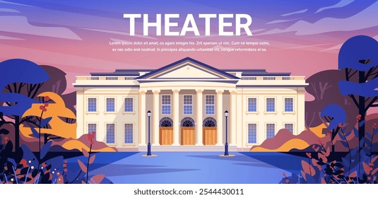 Theater building facade with columns surrounded by colorful trees and a sunset sky. Elegant architecture and nature theme. Perfect for banners and web design