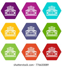 Theater building icon set many color hexahedron isolated on white vector illustration