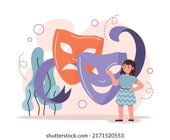 Theater Camp Concept. Girl Next To Masks. Development Of Childrens Skills, Creative Personality, Acting Training. Summer Acting Program, Courses For Young Actors. Cartoon Flat Vector Illustration