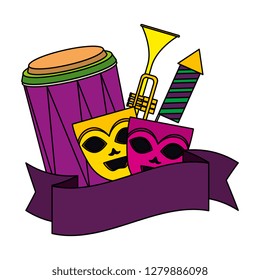 theater and carnival masks with instruments and fireworks