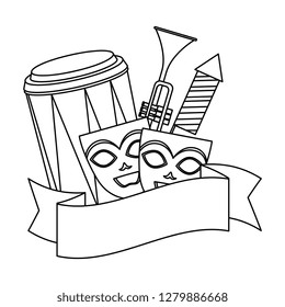 theater and carnival masks with instruments and fireworks