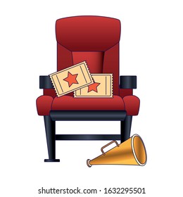 theater chair with movie tickets and megaphone over white background, colorful design, vector illustration