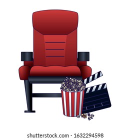 theater chair with pop corn and clapboard over white background, colorful design, vector illustration