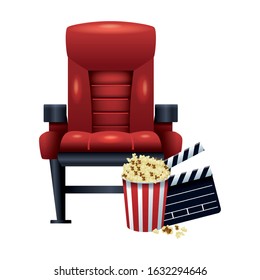 theater chair with pop corn and clapboard over white background, vector illustration
