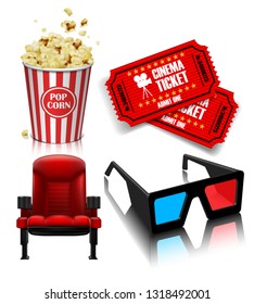 Theater chair, popcorn, tickets, glasses on the white background. 3D vector. High detailed realistic illustration