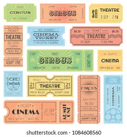 Theater or cinema admit one tickets, circus coupons and vintage old receipt. Retro ticket collection vector design isolated templates set