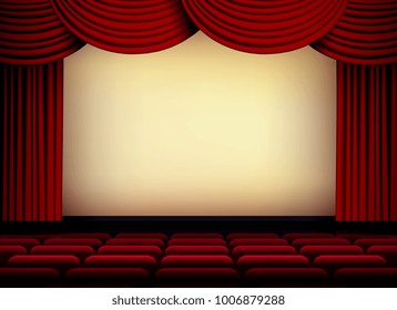 theater or cinema auditorium screen with red curtains and seats
