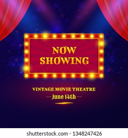 Theater or cinema sign design. Shining retro billboard with spotlights. Vintage movie theatre poster. Vector illustration.