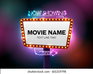 theater cinema sign and neon light vector illustration