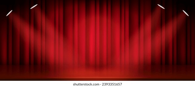 Theater or cinema stage with closed red curtain and soffit with spotlight. Realistic vector illustration of broadway show or movie ceremony fabric waved drapery on scene with light. Cloth background.