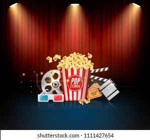 Theater or cinema stage with curtains. Movie show vector illustration. Retro decoration.