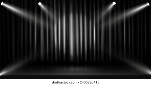 Theater or cinema stage with floor, black luxury closed curtain and spotlights. Realistic vector illustration of opera show or movie ceremony waved drapery on scene with light for presentation.