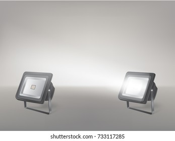 Theater, cinema, studio beaming spotlights on a stand realistic vector illustration. Turned on and off cine lighting units, lightning equipment for performance or premiere stage illumination