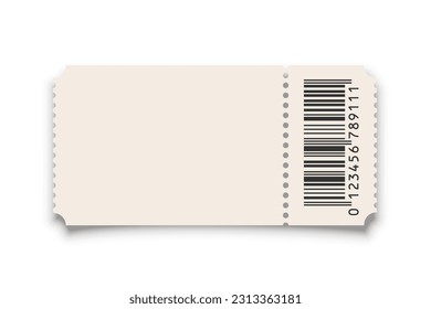 Theater, cinema ticket realistic vector template. Coupon, discount voucher mockup. Movie, raffle, carnival blank ticket with barcode and text space. Concert, event, festival paper admit layout.