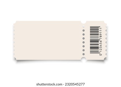 Theater, cinema ticket realistic vector template. Coupon, discount voucher mockup. Movie, raffle, carnival blank ticket with barcode and text space. Concert, event, festival paper admit layout.