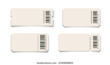 Theater, cinema ticket realistic vector template. Coupon, discount voucher with barcode mockup. Movie, raffle, carnival blank ticket with barcode and text space. Concert, event, festival paper admit.