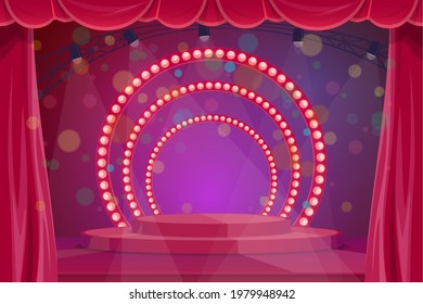 Theater, circus or concert hall stage with podium, stagelights and red curtains. Cartoon vector award ceremony, presentation or live performance show stage, illuminated neon round spotlights platform