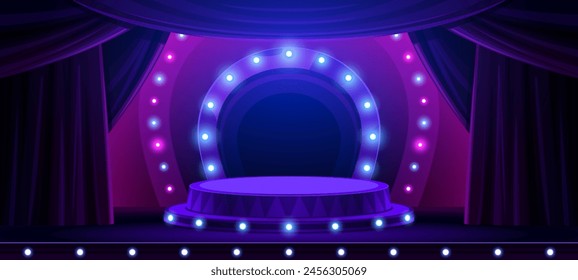 Theater or circus entertainment stage podium with lights, vector background. Circus show or concert theater scene with platform, neon glow illumination and curtain drapes in blue purple spotlights