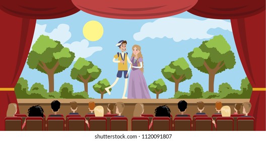 Theater city building room interior with play, opera and ballet on white.
