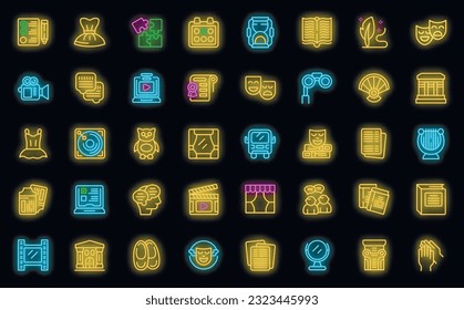 Theater class icons set outline vector. Drama actor. Musical play neon color on black