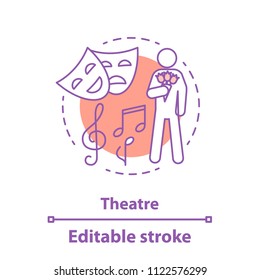 Theater concept icon. First date idea thin line illustration. Classical music concert. Man with flower bouquet. Vector isolated outline drawing. Editable stroke