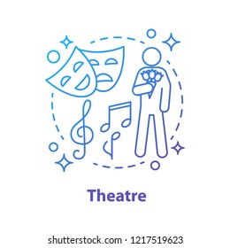 Theater concept icon. First date idea thin line illustration. Classical music concert. Man with flower bouquet. Vector isolated outline drawing